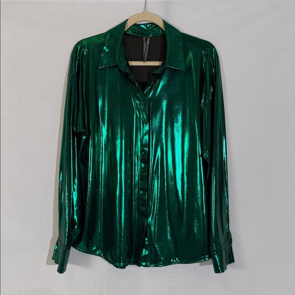 Anthropologie Gillian Liquid Shine Shirt Size L Long Sleeve Button Down Green - Picture 4 of 11